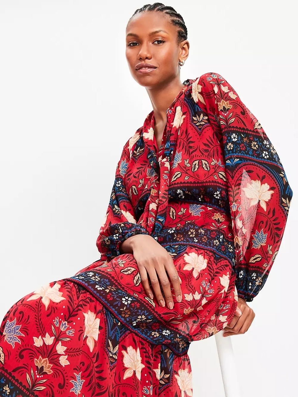 LOFT Floral Bow Tiered Midi Dress - Small - NWT